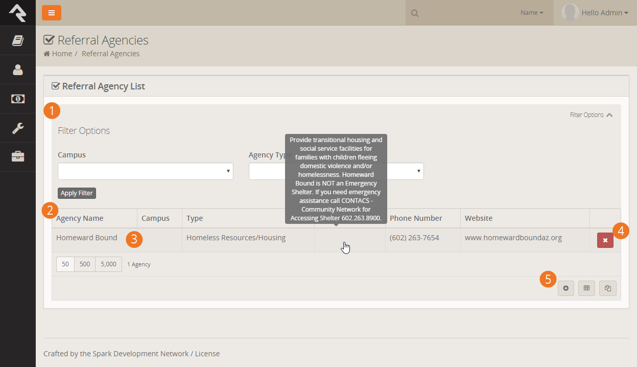 The 'list' block for referral agencies