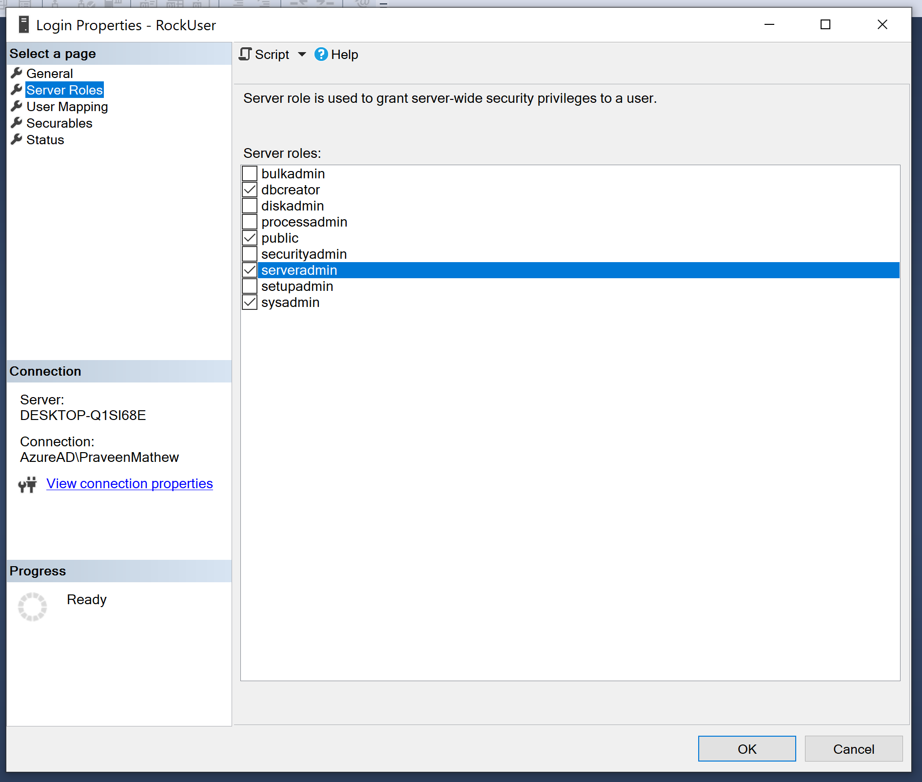 Login Properties, Server Roles